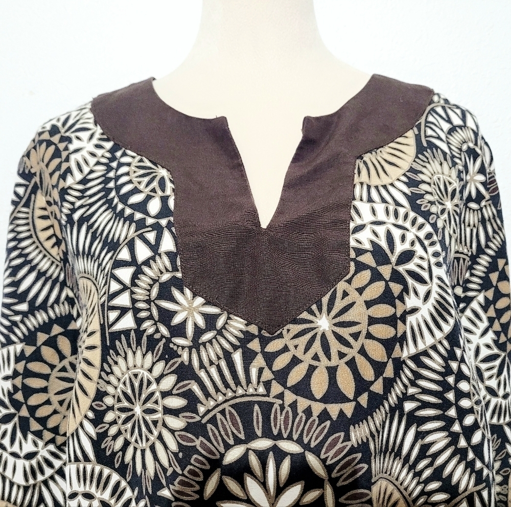 East 5th Women’s XL Tunic Top Brown Beige Black Geometric Print 3/4 Sleeve Linen - Picture 3 of 13